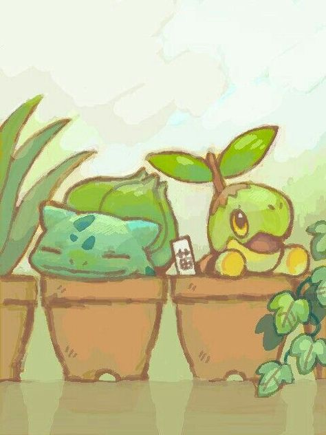 Bulbasaur, Turtwig, funny, pots, plants, text, cute, sleeping; Pokémon Grass Types, Pokemon, Plants, Pokémon