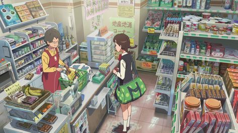 MikeHattsu Anime Journeys: Your Name - Convenience Store Convenience Store Concept Art, 5 Centimeters Per Second, The Garden Of Words, Garden Of Words, Japanese Grocery, Anime Places, Anime City, Anime Store, Anime Screenshots