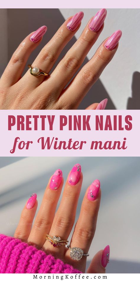 Bset pink nail ideas to inspire this february for cute romantic manicures Bright Pink Almond Nails Design, Bright Pink Almond Nails, Pink Almond Nails Design, Pink Nail Ideas, Winter Nail Polish, Cute Spring Nails, Almond Nails Designs, Pink Nail Designs, Winter Nail Designs