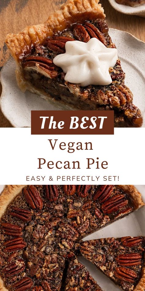 This homemade Vegan Pecan Pie is rich, perfectly sweet, gooey, and packed with pecans and chocolate for a truly delicious eggless & dairy-free pie. If you are looking for an easy pecan pie made with NO eggs and NO cornstarch for the Holidays, then you have to make this perfect pecan pie for Thanksgiving or Christmas! #pecanpie Pecan Pie No Corn Syrup, Dairy Free Pies, Pie For Thanksgiving, Vegan Thanksgiving Dessert, Vegan Pies Recipes, Vegan Pecan Pie, Vegan Tarts, Fall Eats, Vegan Pecan