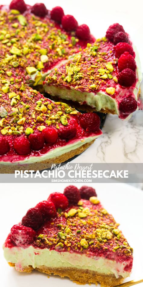 Pistachio Raspberry Dessert, 2023 Desserts, Plant Based Cheesecake, Unbaked Cheesecake, Raspberry And Pistachio, Pistachio Filling, Sims Home, Crushed Pistachios, Pistachio Cheesecake