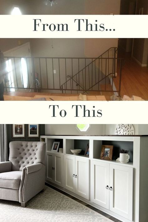 An old iron railing turned into a white built in with cabinet doors Make Shaker Cabinet Doors, How To Make Shaker Cabinet Doors, Split Foyer Remodel, Split Entry Remodel, Raised Ranch Remodel, Shaker Cabinet Doors, Stairs Renovation, Split Foyer, Stair Remodel