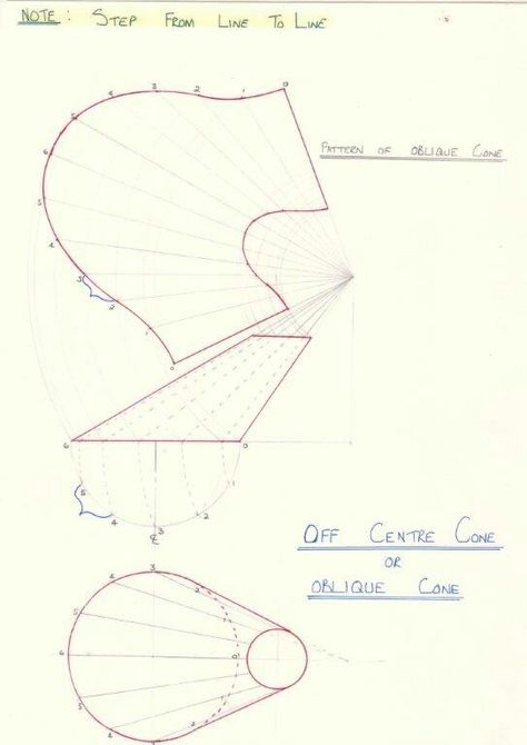 Oblique Cone (Off Centre Cone) -Radial Line method Oblique Drawing, Sheet Metal Drawing, Math Drawing, Welded Metal Projects, Sheet Metal Work, Interesting Drawings, Mechanical Engineering Design, Isometric Drawing, Metal Bending Tools