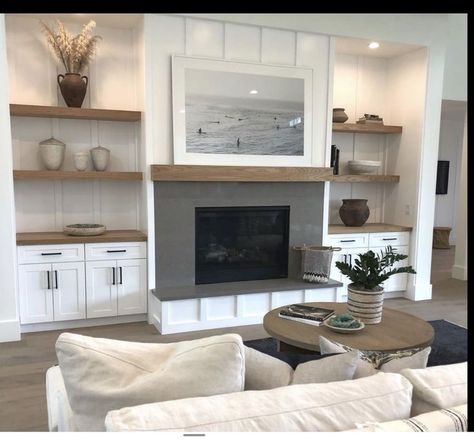 Fireplace With Open Shelves, Fire Ideas, Built In Around Fireplace, Tv Fal, Lower Cabinets, New House Living Room, Built In Shelves Living Room, Basement Living, Living Room Built Ins