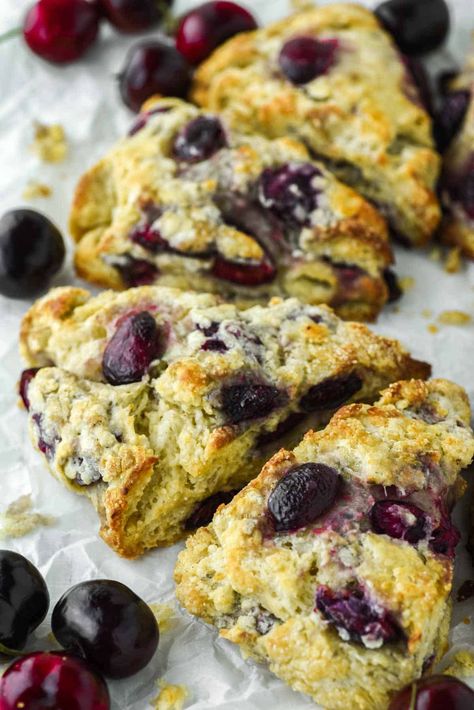 These cherry scones are loaded with fresh cherries and have the perfect buttery texture, making for a great breakfast or afternoon snack. #cherryscones #scones #cherry | chiselandfork.com Sour Cherry Scones, Fresh Cherry Scones Recipe, Scones Cherry, Fresh Cherry Scones, Cherry Almond Scones, Cherry Scones Recipe, Simple Scones, Cherry Breakfast, Cheese And Chive Scones