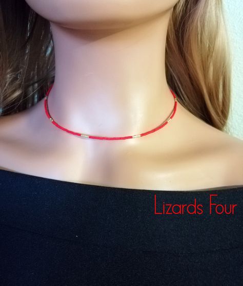 Red Choker, Seed Bead Choker, Bead Choker Necklace, Tiny Beads, Bead Choker, Boho Choker, Mini Bows, Choker Style, White Necklace