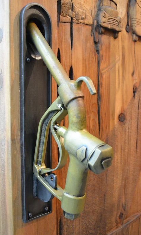 Gas pump door handle for the Man-cave - note the car carvings on the door... Entry Door Handles, Door Knobs And Knockers, Vintage Gas Pumps, Front Door Paint Colors, Pompe A Essence, Door Paint Colors, Painted Front Doors, Gas Pump, Cool Doors