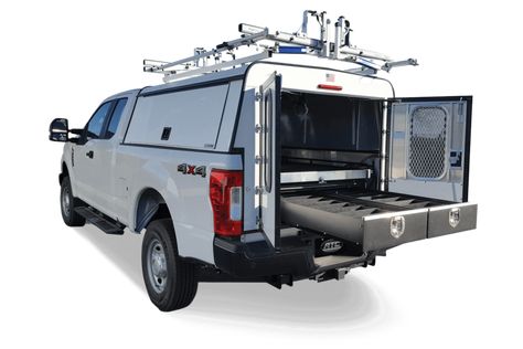 Vehicle Storage, Truck Top, Camper Shells, Door Prop, Truck Caps, Truck Covers, Truck Ideas, Work Truck, Tonneau Cover