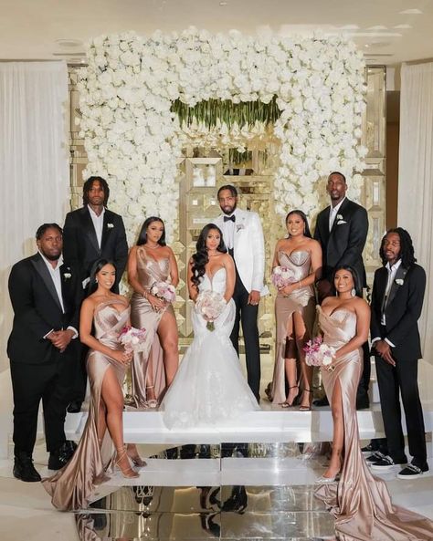 Black People Weddings, Wedding Party Poses, Black And White Wedding Theme, Dream Wedding Reception, Big Wedding Dresses, Bridal Party Attire, White Wedding Theme, Dream Wedding Decorations, Suits Men