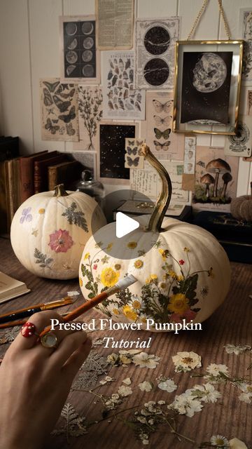 Fable England on Instagram: "Pumpkin decoration… Fable style! We still love ghoulish gourds but we couldn’t resist trying this pressed flower pumpkin trend. Would you try this?  #pumpkindecorating #pumpkinseason #fallcrafts #pumpkindecor #halloweencrafts #craftersofinstagram #pressedflowers #pressedflowerart" Pumpkin Decorating Flowers, Pumpkin Halloween Decor, Flower Pumpkin Decorating, Flower Pumpkins, Pumpkin Decorating With Flowers, Dried Flowers On Pumpkins, Flower Pumpkin, Dried Flower Pumpkin Craft, Pressed Flower Pumpkin