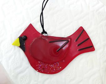 Cardinal Ornaments, Stained Glass Bird, Fused Glass Artwork, Fused Glass Ornaments, Glass Fusing Projects, Stained Glass Birds, Red Bird, Red Cardinal, Bird Ornaments