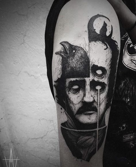 Edgar Allan Poe on Instagram: “"The Raven" was Poe’s crowning achievement and one of the few poems that have endured through history. He described it as a personal…” Edgar Allan Poe Tattoo, Poe Tattoo, Goth Tattoo, Tattoo Magazine, Spooky Tattoos, Gothic Tattoo, Horror Tattoo, Ink Master, Edgar Allan