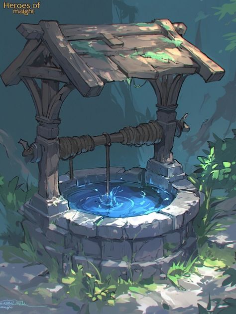 Wishing Well (Location) —day 5 Well Illustration Water, Wishing Well Art, Dnd Feywild, Well Illustration, Bucket Of Water, Water Bucket, Building Art, Fantasy Adventure, Water Well