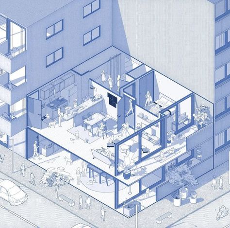 Oblique Drawing Architecture, Blue Architecture Presentation, Isometric Section, Axonometric Architecture, Section Perspective, Oblique Drawing, Perspective Section, Plan Rendering, Architecture Portfolio Layout