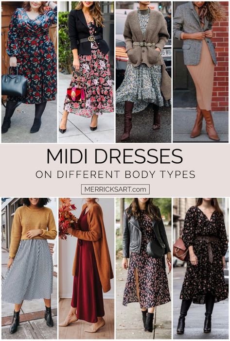 How to Wear a Midi Dress in the Fall - Merrick's Art Layering Outfits Dresses Winter, Autumn Midi Dress Outfit, Boho Style For Petite Women, Boho Winter Dresses, Midi Dress Outfit Fall, Boho Dress Winter, Midi Dress Layering, Midi Dress Autumn, Capsule Fashion