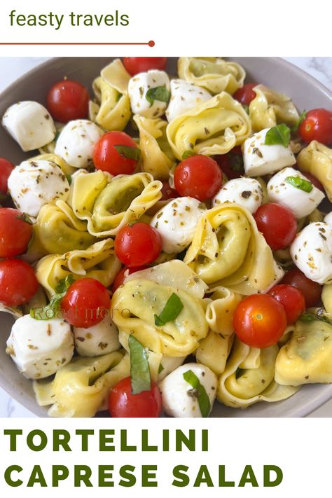 What's for lunch or dinner? This quick and easy recipe for a tortellini Caprese salad is incredibly delicious and easy to make. while it's a fun way to spice up pasta night, it also uses simple and nutritious ingredients to create a full meal. Remember to follow feastytravels.com for more pasta recipes. Tortellini Caprese Salad, Quick Dinner Recipes Healthy, Caprese Salad Recipe, Best Healthy Dinner Recipes, Pasta Salad With Tortellini, Caprese Pasta Salad, Quick Healthy Lunch, Caprese Pasta, Tortellini Pasta