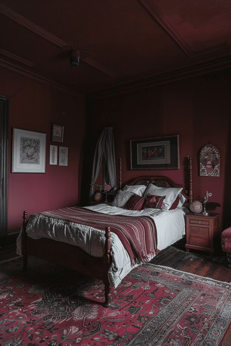 farmhouse bedroom in maroon moody Dark Maroon Bedroom Walls, Dark Maroon Bedroom, Maroon Walls Bedroom, Master Bedrooms Maroon, Maroon Wall Bedroom, Dark Red Moody Bedroom, Maroon Bedroom Ideas, European Farmhouse Bedroom, Bergundy Bedding