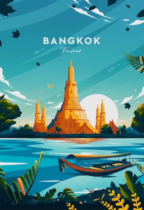 Thailand Travel Poster, Thailand Illustration, Bangkok Poster, Thailand Poster, Travel Advertising Design, Thailand Art, Travel Collage, Travel Advertising, Illustration Simple