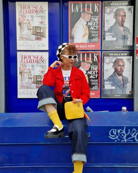 Spring uniform: primary colours and dark denim. ❤️💛💙 #dopaminedressing #prelovedoutfit #sustainablefashion #londonstreetstyle #sustainablefashion Primary Color Outfit, British 90s, Colorful Couture, Spring Uniform, Colourful Fashion, Sporty Streetwear, Streetwear Denim, Dopamine Dressing, Primary Colours