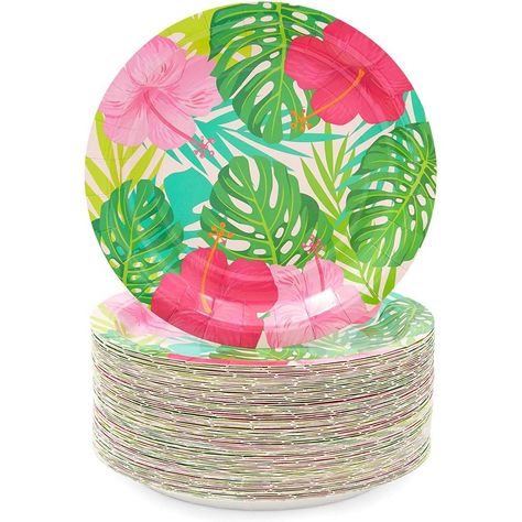 Elevate your dining and dessert tables with this party plate set that includes 80 Hawaiian luau plates. The decorative tropical flowers and leaves will perfectly complement your decor for an upcoming birthday party and Hawaiian themed party. Each colorful plate measures 7 inches and has a sizeable amount of space for all of your favorite food and snacks. The sturdy white board construction ensures food remains on your plate without easily folding or breaking. Spend more time celebrating and less Hawaiian Themed Party, Hawaiian Party Theme, Plastic Party Plates, Luau Party Decorations, Hawaiian Luau Party, Luau Birthday Party, Hawaiian Birthday Party, Hawaiian Birthday, Fiesta Tropical