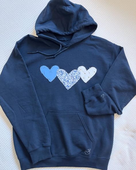 3 hearts sweatshirt 🩵💙🤍! Available in multiple colors and customizable! Check out the link in bio for more information! How To Sew Elbow Patches, Diy Sweatshirt For Boyfriend, Heart Hoodie Diy, Heart Stitch Hoodie, Stitch Sweatshirt Diy, Hoodie Stitching Ideas, Stitch Hoodie Diy, Homemade Sweatshirt Ideas, Designs To Put On Shirts