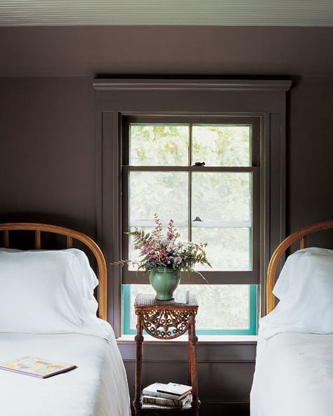 Brown Grey Paint, Martha Stewart Home, Cabin Inspiration, Neutral Room, Twin Beds, Twin Bed Frame, Brown Walls, Lily Pond, Painted Ceiling