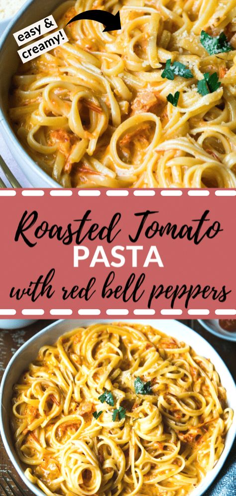 This Roasted Tomato and Bell Pepper Pasta is an easy weeknight pasta! You can whip up the sauce in 30 minutes and have a delicious dinner in less than an hour! #bellpepper #pepperpasta #pasta #pastarecipe #italian #italianrecipe #easydinner #easyrecipe Pasta With Roasted Tomatoes, Bell Pepper Pasta, Easy Weeknight Pasta, Roasted Tomato Pasta, Weeknight Pasta, Pan Dishes, Roasted Red Pepper Pasta, Red Pepper Pasta, Bell Pepper Recipes