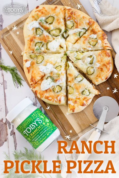 A tangy twist to pizza night - Try this recipe for Ranch Pickle Pizza is made with fresh garlic and creamy white sauce perfect for the party! #GoodOnAnything Pickle Pizza With Ranch, Pickle Ranch Pizza, Pickle Ranch, Pickle Pizza, Easy White Sauce, Ranch Pizza, Chicken Pickle, White Pizza Sauce, Creamy White Sauce