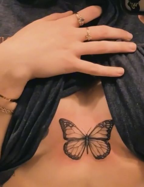 Tattoo Butterfly Stomach, Butterfly Tattoo Middle Of Chest, Sternum Tattoo Women Butterfly, Butterfly Sternum Tattoo Women, Butterfly Tattoo Sternum, Butterfly Tattoo Between Breast, Sternum Tattoo Butterfly, Sternum Butterfly Tattoo, Butterfly Chest Tattoo Female