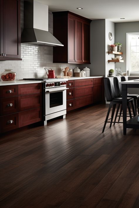 Medium brown floors are always one of our go-to's when a customer has cherry🍒 cabinets! The subtle variance really ties the two colors together. #designinspo #interiordesign #homedecorating #interiordecorating #flooringtips #flooringdesign Tile With Dark Wood Floors, Dark Cherry Wood Kitchen Cabinets, Medium Brown Floors, Dark Walnut Floors, Cherry Wood Kitchen Cabinets, Dark Brown Floor, Red Kitchen Cabinets, Dark Oak Flooring, Cherry Wood Kitchens