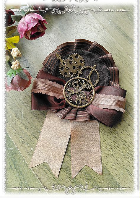 Infanta Time Machine Steampunk Lolita Brooch/Hairclip/Rosette Steam Punk Drawing, Steampunk Magic, Steampunk Brooch, Moda Steampunk, Manga Hair, Ribbon Rosettes, Steam Punk Jewelry, Victorian Goth, Bow Ribbon