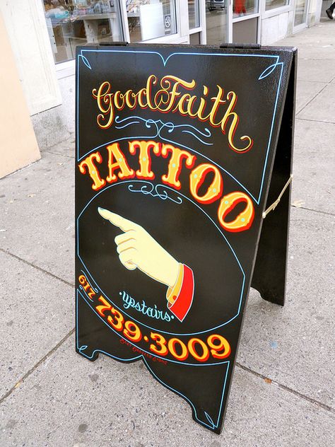 Good Faith Tattoo by Best Dressed Signs, via Flickr Initials Tattoo, Tattoo Sign, Tattoo Shop Interior, Tattoo Shop Decor, Tattoo Studio Interior, Santa House, Tattoo Lounge, Tattoo Painting, Diy Tattoo Permanent