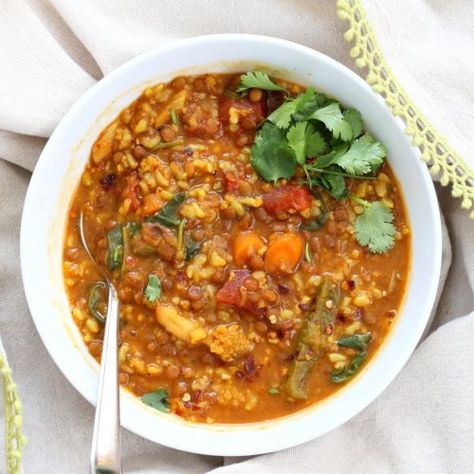 Lentil Brown Rice Soup. Easy 1 pot Lentil Rice Soup with Spinach or greens of choice. 20 minutes active time then let everything simmer. Serve with crackers, papadum or grilled vegan cheese sandwiches. Vegan Gluten-free Soy-free Recipe | VeganRicha.com #vegan #glutenfree #veganricha Lentil And Potato Soup, Lentil And Potato, Brown Rice Soup, Grilled Vegan, Lentil Rice, Soup With Spinach, Vegan Richa, Vegan Lentil, Lentils And Rice