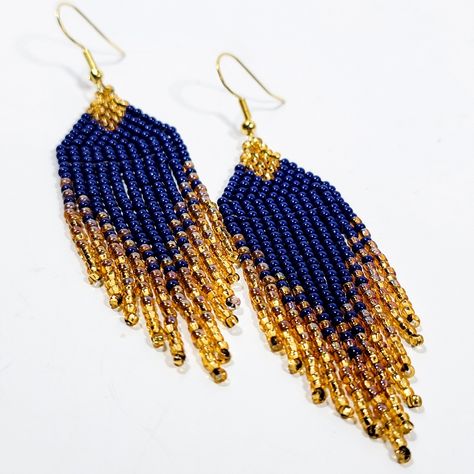 Gold Beaded Earrings, Seed Bead Jewelry Patterns, Blue Beaded Earrings, Gold Bead Earrings, Bead Projects, Gold Fringe, Beaded Earrings Patterns, Navy Gold, Beaded Dangle Earrings