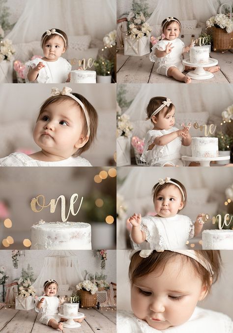 1 Bday Photo Shoot, Cake Smash Birthday Photo Shoot, Isn’t She Onederful Cake Smash, White 1st Birthday Photoshoot, Photoshoot Ideas For 1 Year Baby, One Year Baby Girl Birthday Photoshooting, Studio 1st Birthday Pictures, Onederful Photo Shoot, Cake Smash Poses