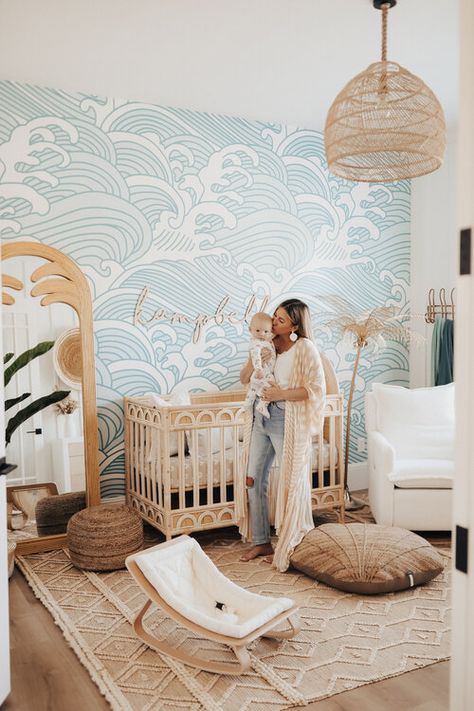 Krista Horton House, Sloan Acrylic Crib Nursery, Plant Wall Nursery, Ocean Gender Neutral Nursery, Under The Sea Nursery Rug, Gender Nuetral Pallete Nursery Boho, Summer Nursery Theme, Boho Beach Nursery Boy, Ocean Themes Nursery