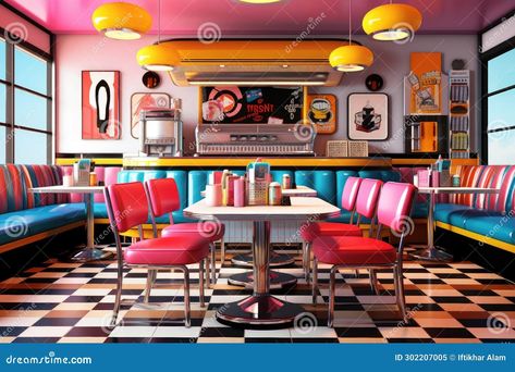 3d Rendering of a Retro Pub with Red Chairs and Tables, an Old American Diner in the Style of Pop Art, AI Generated Stock Illustration - Illustration of empty, wood: 302207005 Pop Art Cafe, Retro Theme Restaurant, Pop Art Cafe Interior, Diner Scene Illustration, Retro Burger Restaurant, American Diner Sign, Cafe Counter, American Diner, Red Chair