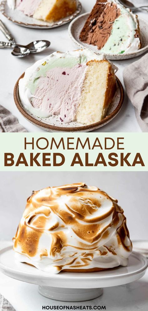 Impress your friends with a homemade Baked Alaska piled high with toasted marshmallow meringue topping over your favorite ice cream flavors and moist cake. This iconic make-ahead dessert is a fun bucket list bake for any home baker! #bakedalaska #icecream | baked Alaska recipe | baked Alaska cake recipe | baked Alaska meringue | how to make meringue for baked Alaska Baked Alaska Cake Recipe, Easy Baked Alaska Recipe, Baked Alaska Cake, Bake Alaska Cake, Baked Alaska Recipe Traditional, Arctic Cake, Alaska Cake, Wife Cooking, Baked Alaska Recipe