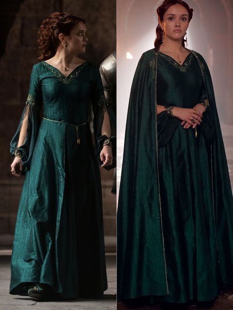 House Targaryen Dresses, Alicent Hightower Cosplay, Green Royal Dress, House Of The Dragon Dress, Alicent Hightower Dress, Queen Dress Royal Medieval, Green Cape Dress, Green Medieval Dress, Targaryen Dress