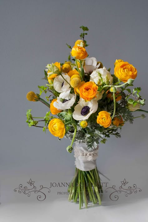 Spring like Bridal Bouquet, Yellow rununculas, white anemones, cream lisianthus, white and yellow wedding theme, hand picked, understated look. White And Yellow Flower Arrangements, Yellow And White Flower Arrangements, Cream Lisianthus, Orange Bridal Flowers, Bridal Bouquet Yellow, Types Of Bouquets, White And Yellow Wedding, Yellow Flower Arrangements, Yellow Bridal Bouquets