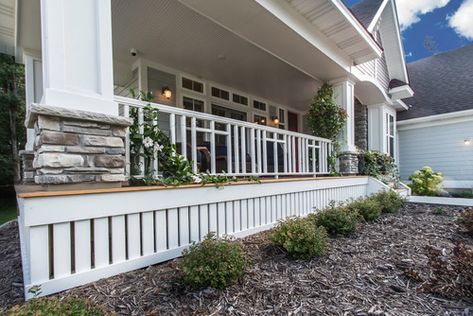 Instead Of Lattice Under Porch, Deck Trim Ideas, Simple Screened In Porch, Deck Skirting Ideas, Porch Lattice, Lattice Deck, Skirting Ideas, Screened Patio, Craftsman Porch