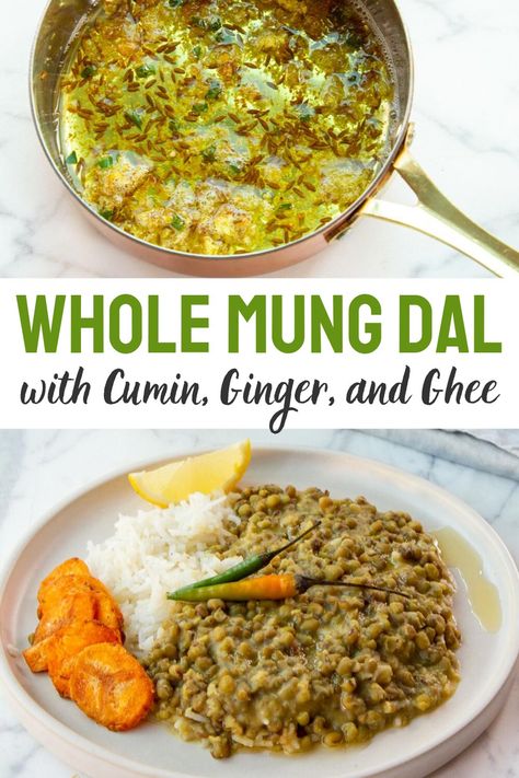 Whole mung dal is a simple Indian curry, flavored with earthy cumin seeds, fresh ginger, green chilis, coriander, and ghee. One of India's healthiest dishes. #indian #indianrecipe #dal #curry #mungbean #beans #healing #butteredveg via @https://www.pinterest.com/butteredveg/ Ayurvedic Meals, Indian Dal, Dal Curry, Ghee Recipe, Indian Meals, Green Chilis, Beans Recipes, Beans Curry, Vegan Ideas