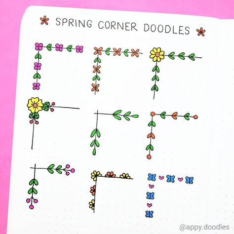 Doodle Art For Beginners en Instagram: “@themonsterofstationery and I collaborated to bring you guys some spring themed corner doodles. Don't forget to check out…” Corner Doodles, Borders Bullet Journal, Dot Journaling, Ideas Bullet Journal, Beginner Drawing Lessons, Doodle Art For Beginners, Organization Bullet Journal, Bond Paper Design, Journal Fonts