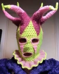 Crochet Clown Balaclava, Clowncore Crochet, Oc Kpop Group, Balaclava Crochet Pattern, Strange Crochet, Balaclava Crochet, Crochet Headwear, Blood On The Tracks, Crochet Balaclava