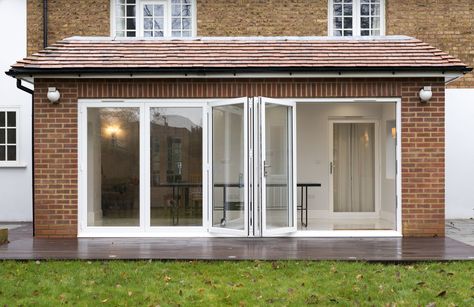 Bifold Doors Extension, Bifold Doors Onto Patio, Bi Folding Doors Kitchen, White Bifold Doors, Bi Folding Doors, External Bifold Doors, Small House Extensions, Folding Patio Doors, Glass Porch