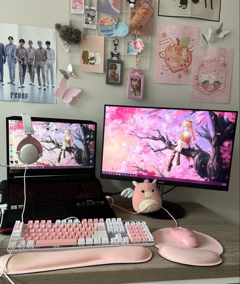 Gaming Room Setup Laptop, Gaming Setup Laptop And Monitor, Gaming Laptop Setup Aesthetic, Pc Setup With Laptop, Laptop Gaming Aesthetic, Monitor With Laptop Setup, Pc And Laptop Setup, Pc Desktop Ideas, Genshin Pc Setup