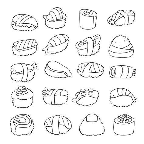 Vector sushi japanese food | Premium Vector #Freepik #vector Japanese Food Coloring Pages, Simple Sushi Drawing, Sushi Line Art, Sushi Coloring Page, How To Draw Sushi, Sushi Art Drawing, Sushi Drawing Easy, Cute Sushi Drawing, Asian Food Drawing