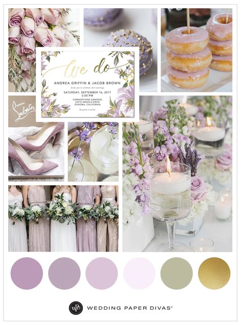 Find beautiful lilac and gold wedding ideas for your wedding theme with our lilac color palette, decor ideas, and lilac wedding party attire. Purple And Gold Wedding, Gold Wedding Colors, Boda Diy, Mauve Wedding, Yosemite Wedding, Gold Wedding Theme, Blush Wedding Invitations, Lilac Wedding, Trendy Wedding Invitations