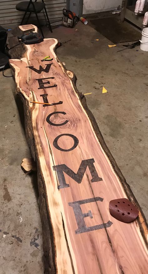 Large cedar plank welcome sign with acrylic finish. Crafts With Cedar Wood, Projects With Cedar Wood, Cedar Ideas Projects, Cedar Board Projects, Live Edge Welcome Sign, Small Cedar Wood Projects, Cypress Wood Projects, Wood Burn Signs, Gifts Made Out Of Wood