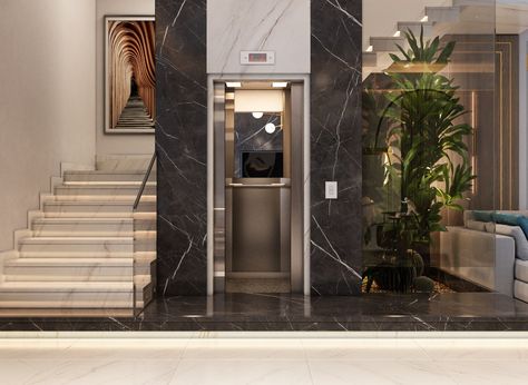 Stairs With Elevator Design Modern, Lift And Staircase Lobby Design, Staircase With Seating, Lobby Interior Design Entrance Home, Lift Staircase Design, Stair With Elevator Design, Stairs Around Elevator, Stairs And Elevator Design, Lift With Staircase